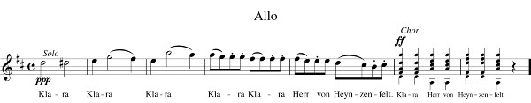 7 Takte Noten-Zitat aus Mozarts Ouvertüre zu Don Giovanni mit Textunterlegung: „Klara, Herr von Heynzenfelt“