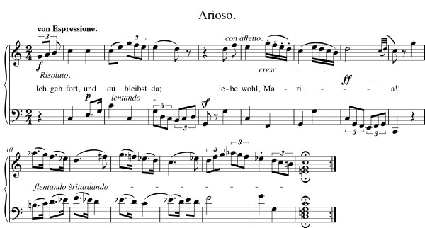 Lied, überschrieben: „arioso; con Espressione.“ Mit Textunterlegung: „1. Ich geh fort, und Du – bleibst da! / Lebe wohl – Maria!! –“ und weiteren 3 Strophen auf Bl. 97v