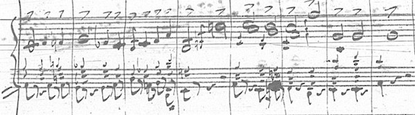 Takte 9–16 aus dem Adagio von Webers C-Dur-Klavierkonzert vom Jahre 1810 (Manuskript).