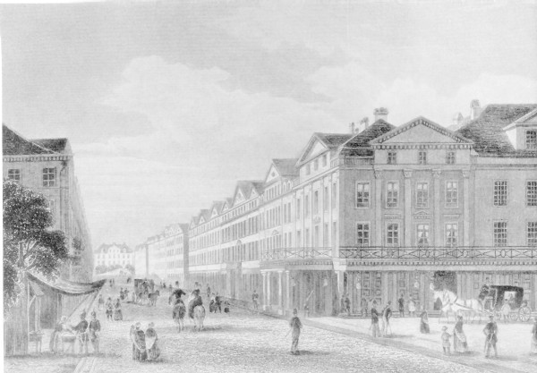 Kassel, Blick in die Königsstraße mit dem alten Opernhaus. Stich von J. Poppel