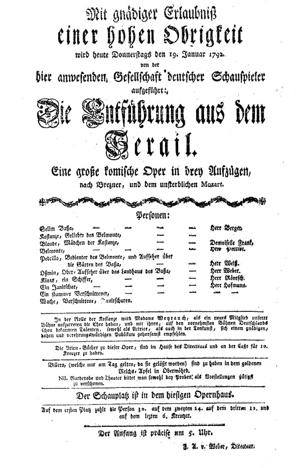Jeanette Weyrauchs Nürnberger Debüt als Constanze (Theaterzettel 19. Januar 1792)