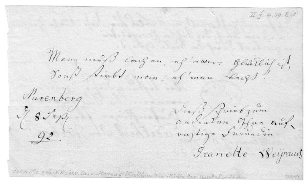 Eintragungen von Jeanette und Vincent Weyrauch in das Stammbuch der Elise Vigitill. Nürnberg, 8. September 1792 (D-B)