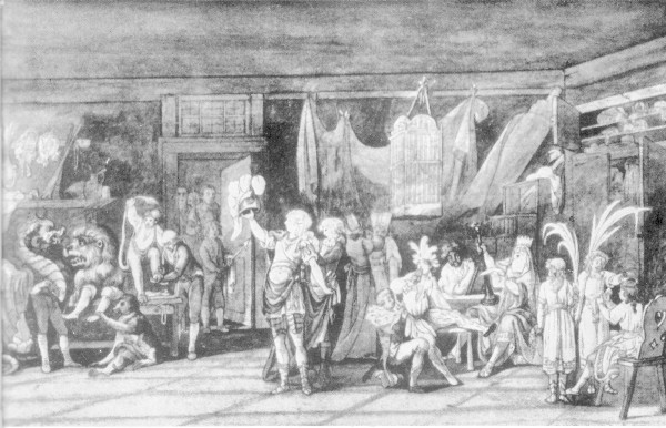 Die Zauberflöte in Weimar 1794. Goethes Entwurf zum Auftritt der Königin der Nacht (Jeanette Weyrauch) und Vorbereitungen hinter der Bühne (Aquarell von Georg Melchior Kraus)