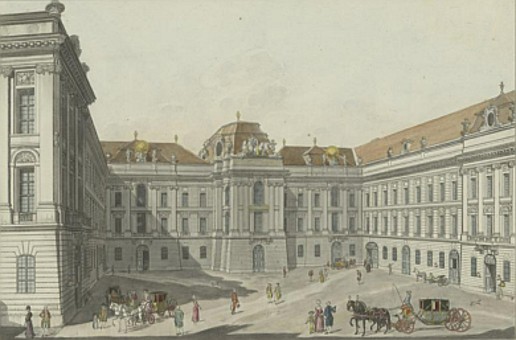 Der Josephsplatz mit der Hofbibliothek (Mitte) und dem Redoutensaaltrakt (rechts)