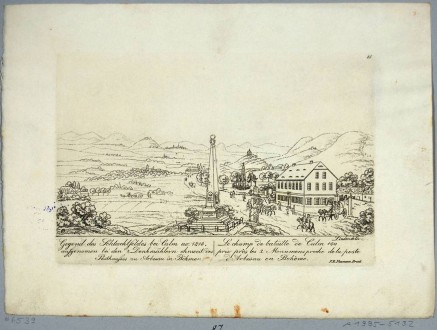 Posthaus Arbesau mit österreichichem Obelisk (Mitte) und preußischem Siegesdenkmal (rechts davon im Hintergrund)