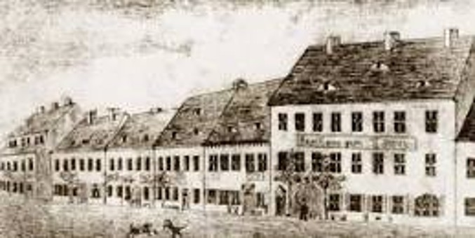Der Marktplatz von Oschatz mit dem Goldenen Löwen (rechts), 1849