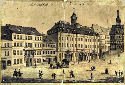 Marktplatz mit Gasthof zum Rautenkranz (links) und Schloss (rechts)